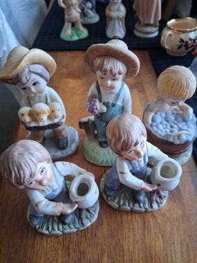 5 Vintage Ceramic Farm Boy Figurine Set in Cream and Pastel Colors - Unbranded